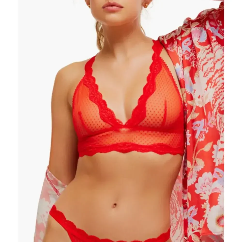 Free People Longline Bra, Small, Red Mesh Lace Polka Dot Sheer Bralette Lingerie